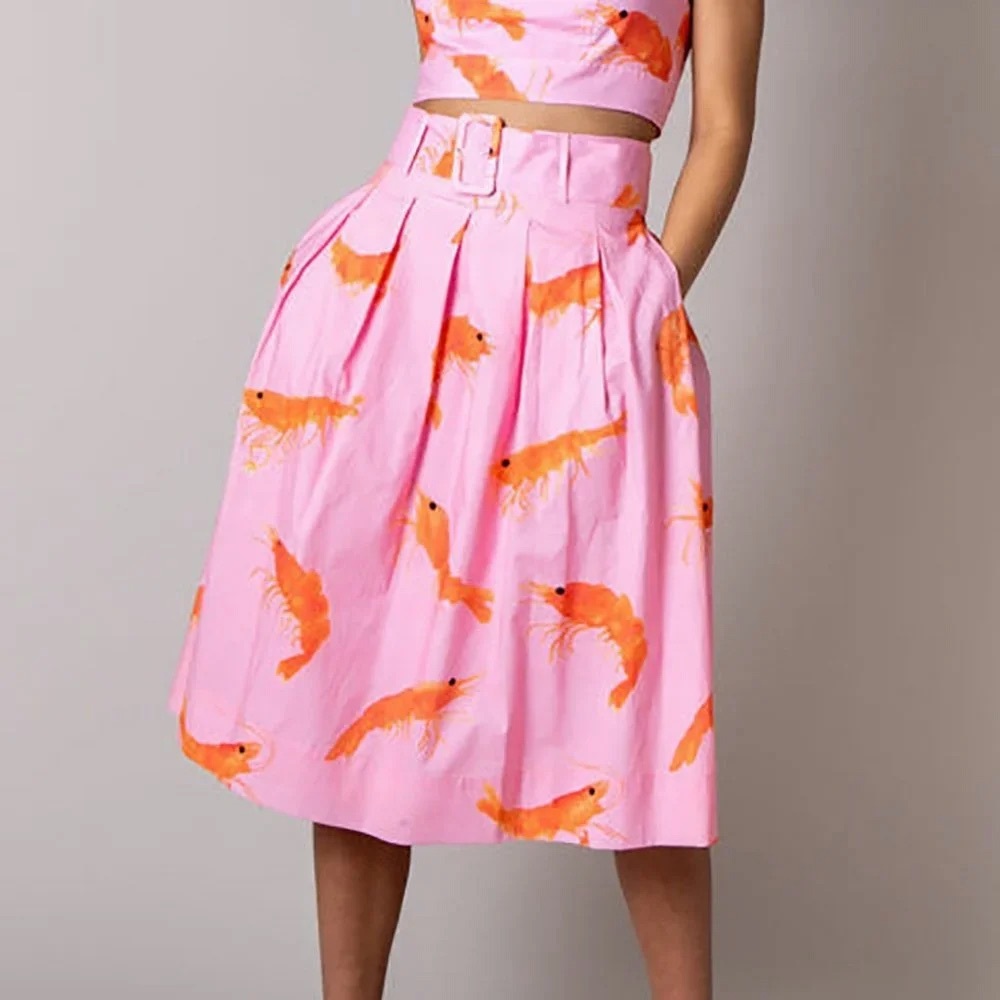 Rachel Antonoff Prawn Shrimp Print Midi Skirt Vinita Vinnie Pink Orange Belt 26